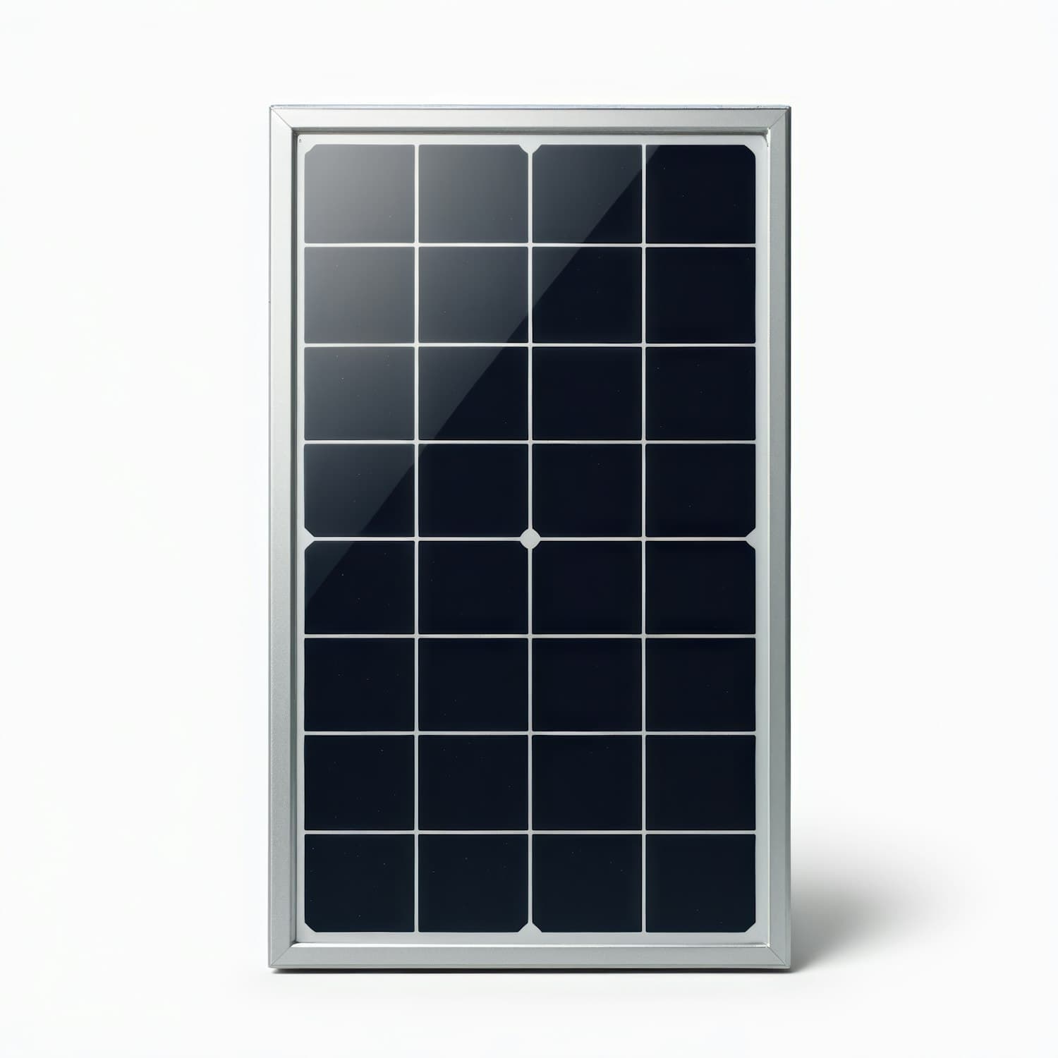 A dark blue solar panel in a silver frame photographed against a white background