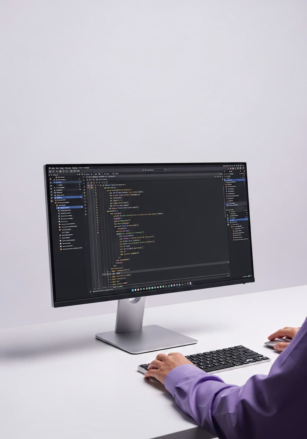 A developer at a clean white desk working in a dark code editor