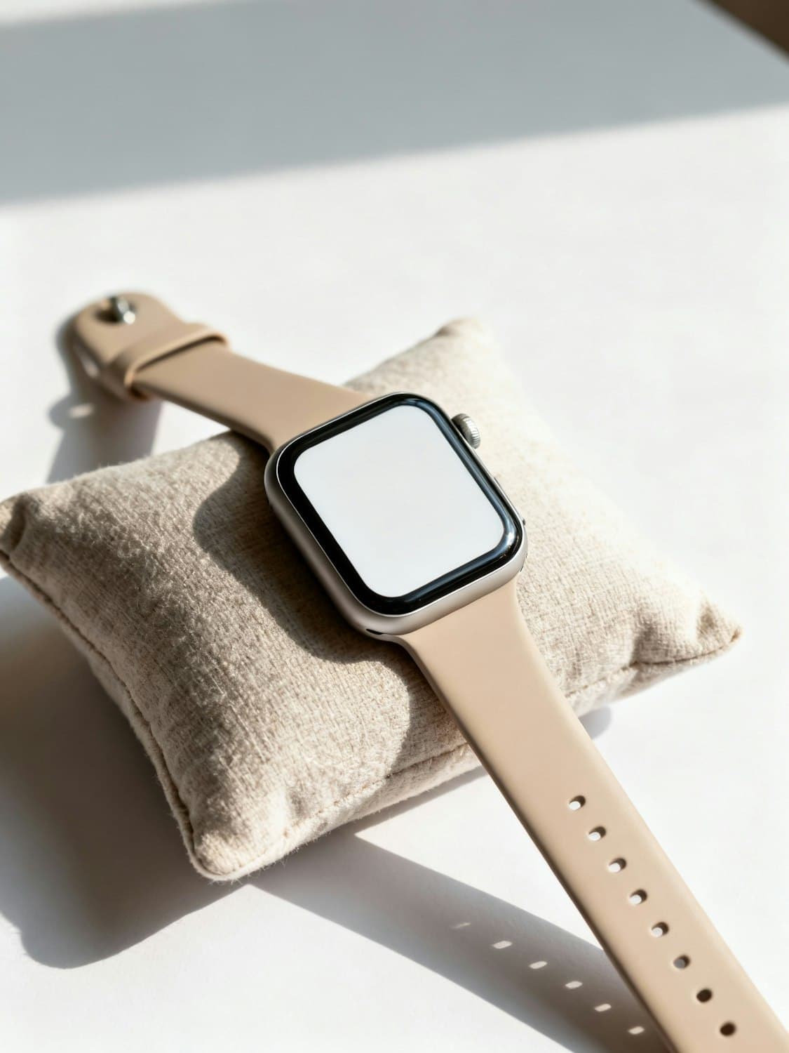 A smartwatch with a sand-colored strap resting on a linen cushion in soft daylight
