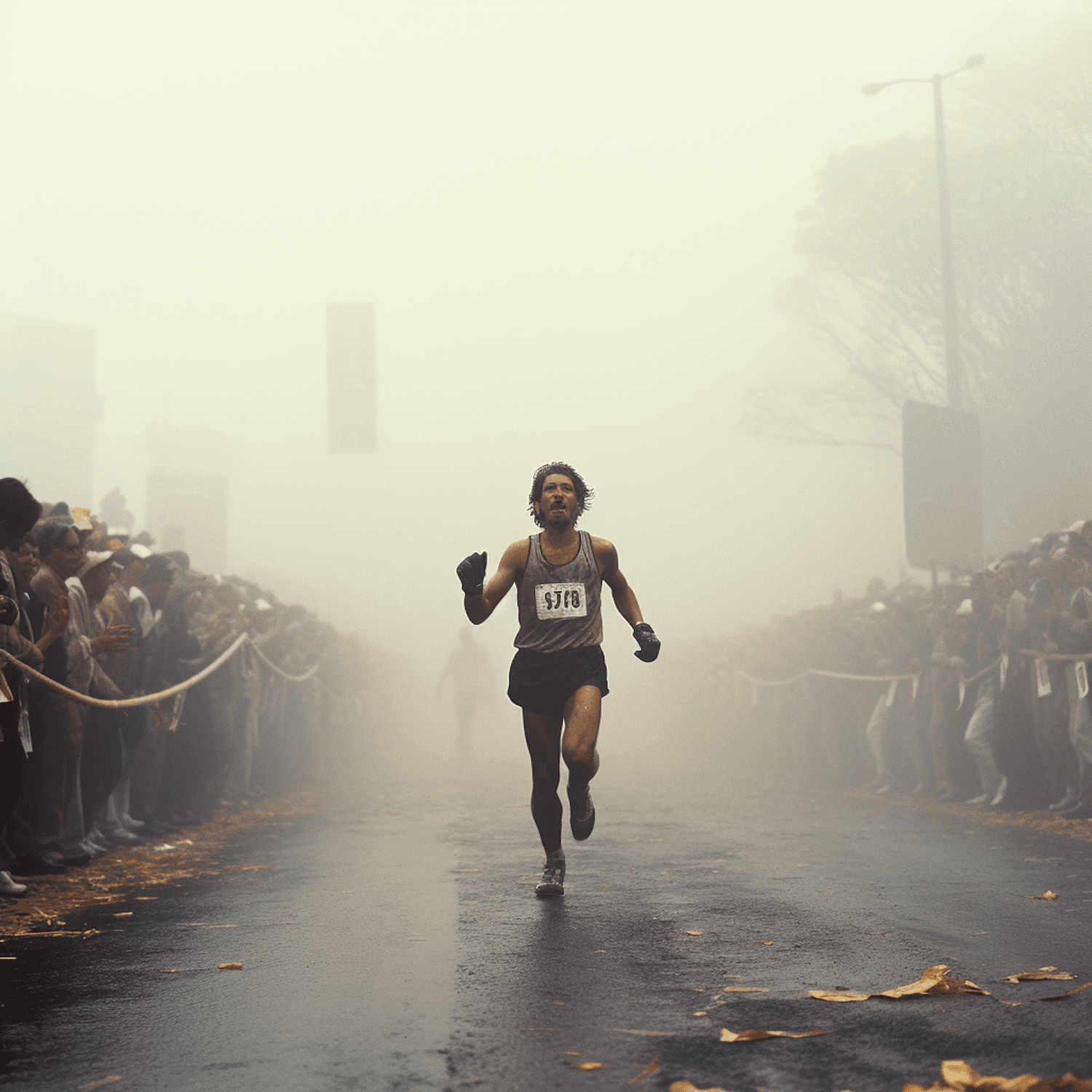 A runner pushing through a foggy street race as spectators cheer from both sides