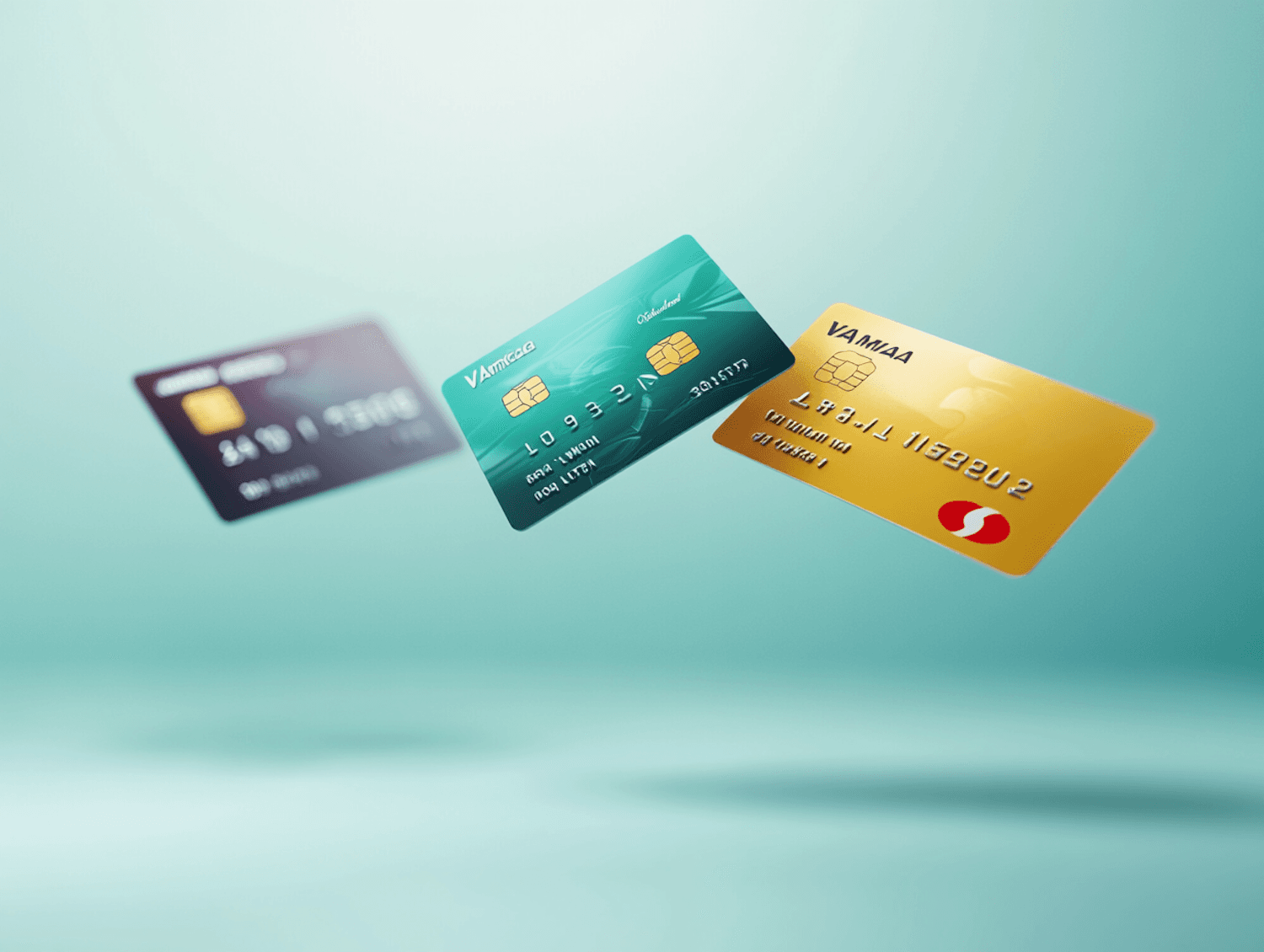 Three payment cards in teal, gold and plum floating against a pale teal backdrop